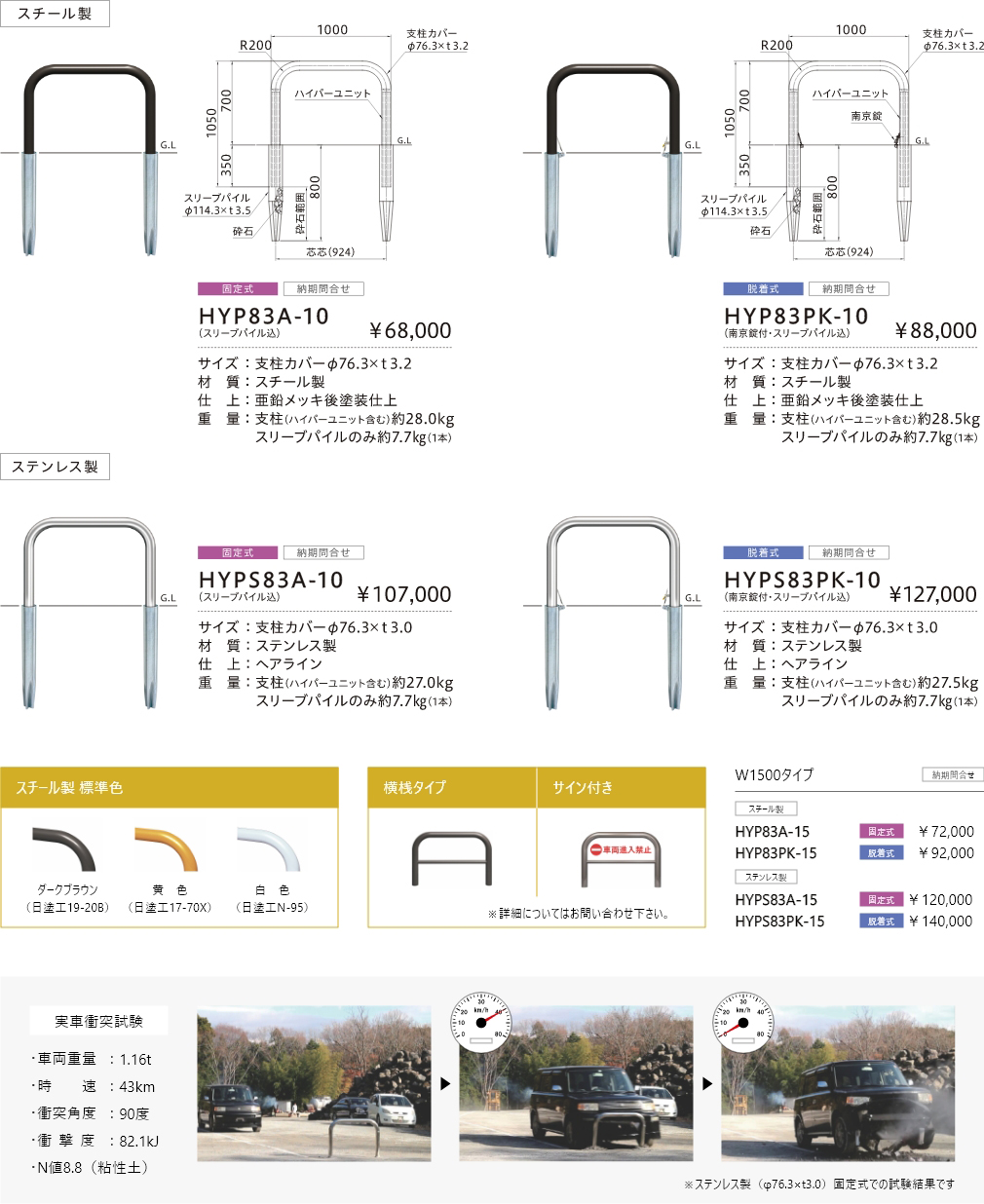 「HYP83A-10（スリーブパイル込）」サイズ：支柱カバーφ76.3×ｔ3.2 材質：スチール製 仕上：亜鉛メッキ後塗装仕上 重量：支柱（ハイパーユニット含む）約28.0kg、スリーブパイルのみ約7.7㎏（1本）、「HYP83PK-10（南京錠付・スリーブパイル込）」 サイズ：支柱カバーφ76.3×ｔ3.2 材質：スチール製 仕上：亜鉛メッキ後塗装仕上 重量：支柱（ハイパーユニット含む）約28.5kg、スリーブパイルのみ約7.7㎏（1本）、「HYPS83A-10（スリーブパイル込）」サイズ：支柱カバーφ76.3×ｔ3.0 材質：ステンレス製 仕上：ヘアライン 重量：支柱（ハイパーユニット含む）約27.0kg、スリーブパイルのみ約7.7㎏（1本）、「HYPS83PK-10（南京錠付・スリーブパイル込）」サイズ：支柱カバーφ76.3×ｔ3.0 材質：ステンレス製 仕上：ヘアライン 重量：支柱（ハイパーユニット含む）約27.5kg、スリーブパイルのみ約7.7㎏（1本）、実車衝突試験 車両重量：1.16t 時速：43km 衝突角度：90度 衝撃度：82.1kJ N値8.8（粘性土）